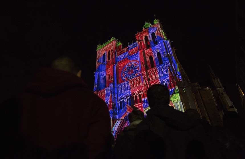 Chroma light show, on the facade of Notre-Dame cathedral in Amiens