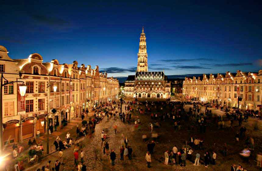 The stunning Flemish architecture in nearby Arras is a stunning sight at night
