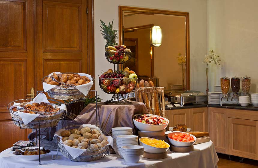 The buffet breakfast at Château de Montvillargenne with all the fresh and warm breakfast pastries you'd expect on a trip to France