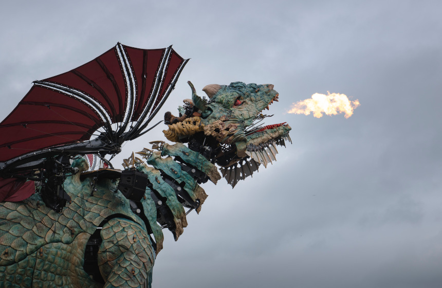 Be sure to see the Calais dragon on your family weekend break in Northern France ‒ he breathes fire, bats his wings and even runs!