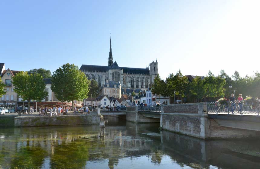  View on the cathedral from the terraces of typical St Leu district in Amiens