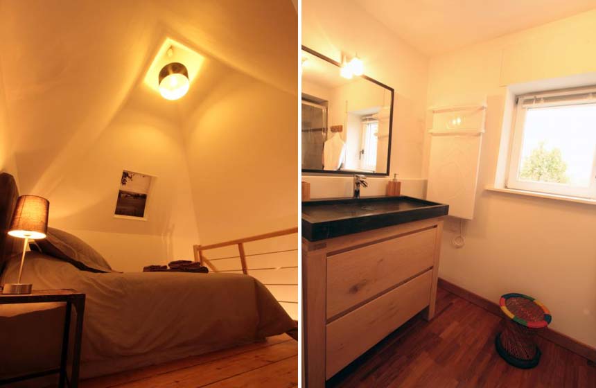 La Sweet duplex room and its bathroom at Monts et Merveilles B&B