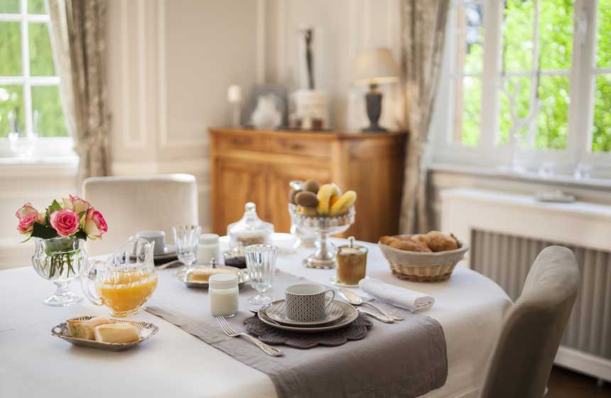 Garden view breakfast underneath the crystal chandelier 