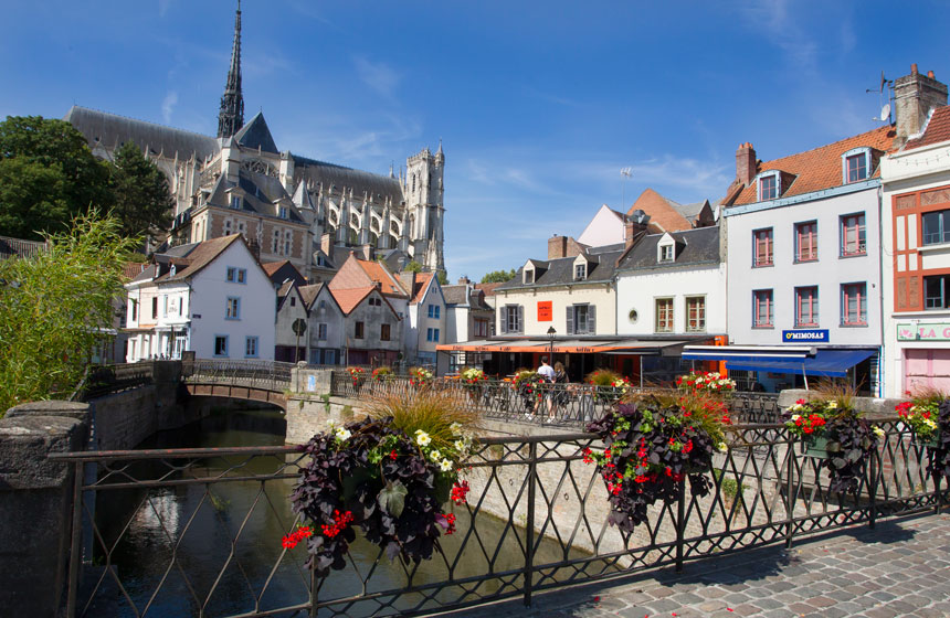 Place-du-Don on the waterside in Amiens, with its view of the cathedral