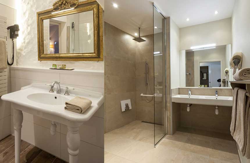 Bathrooms in the ‘Détente’ category rooms at Ferme-du-Vert hotel near Calais