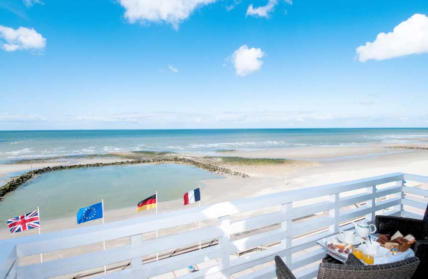 Enjoy breakfast with a sea view on your balcony at the Atlantic Hotel in Wimereux near Calais