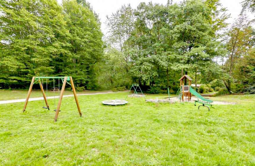 Younger guests will enjoy the play area with swings, slide and roundabout - Le Bois de Rosoy treehouse bed and breakfast near Disneyland Paris, France