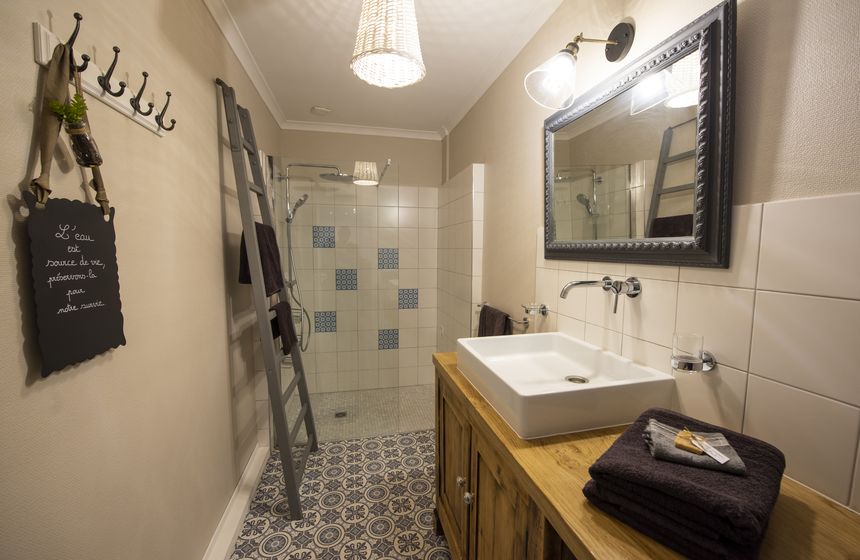 Bathroom with Italian-style shower in Le Tilleul des Marais gîte