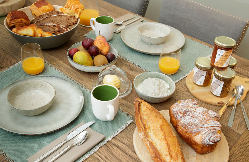 A generous breakfast at La Plonplonière awaits showcasing all manner of delicious local goodies